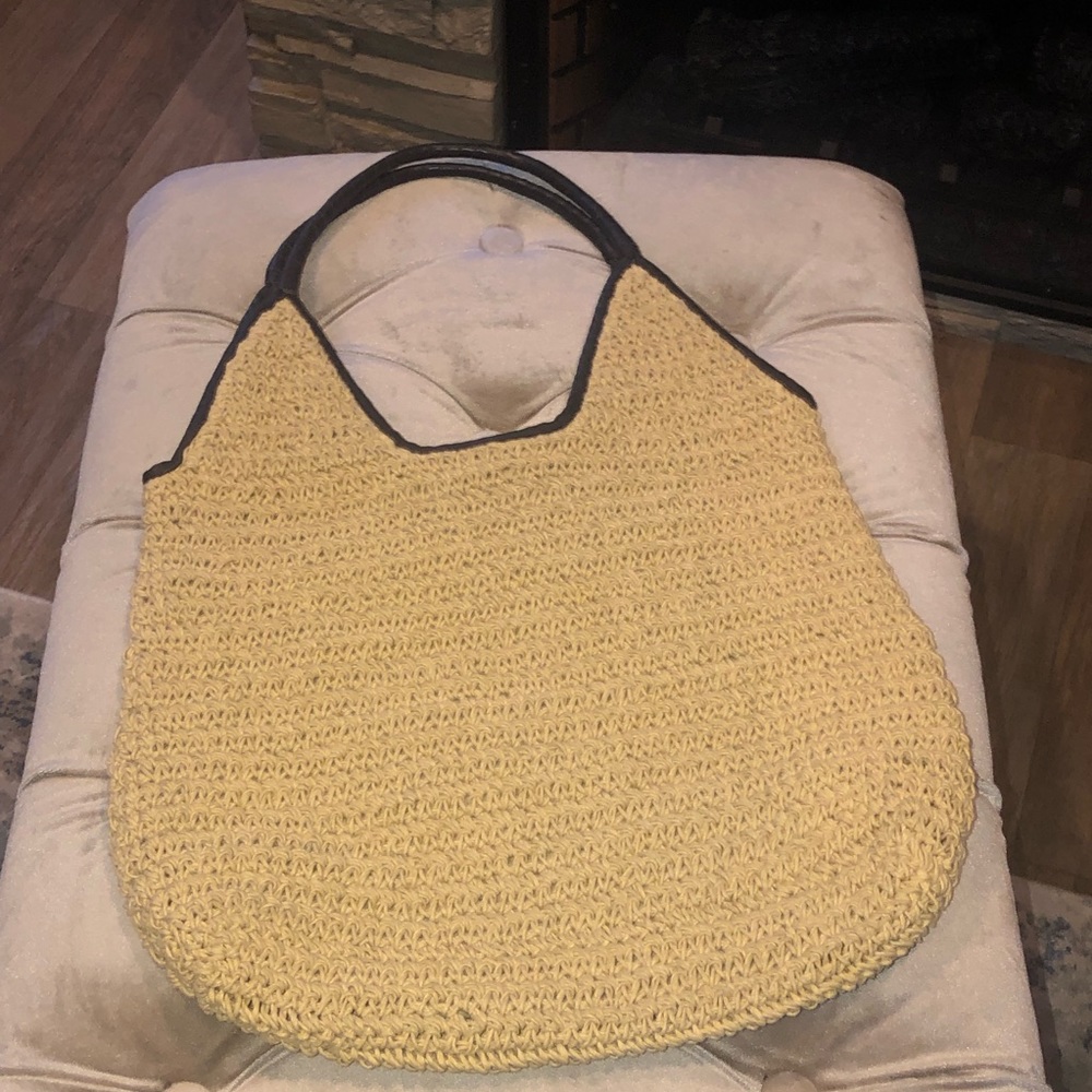 Eddie Bauer straw and brown leather hobo purse.